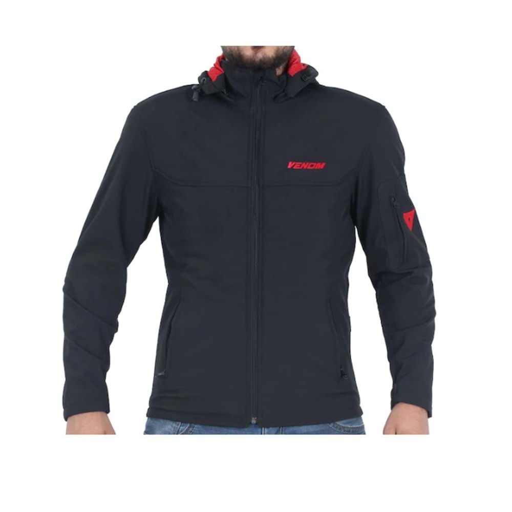 VENOM CEKET JAWS KAPŞONLU SOFT SHELL MOTOSİKLET MONTU SİYAH-KIRMIZI - M